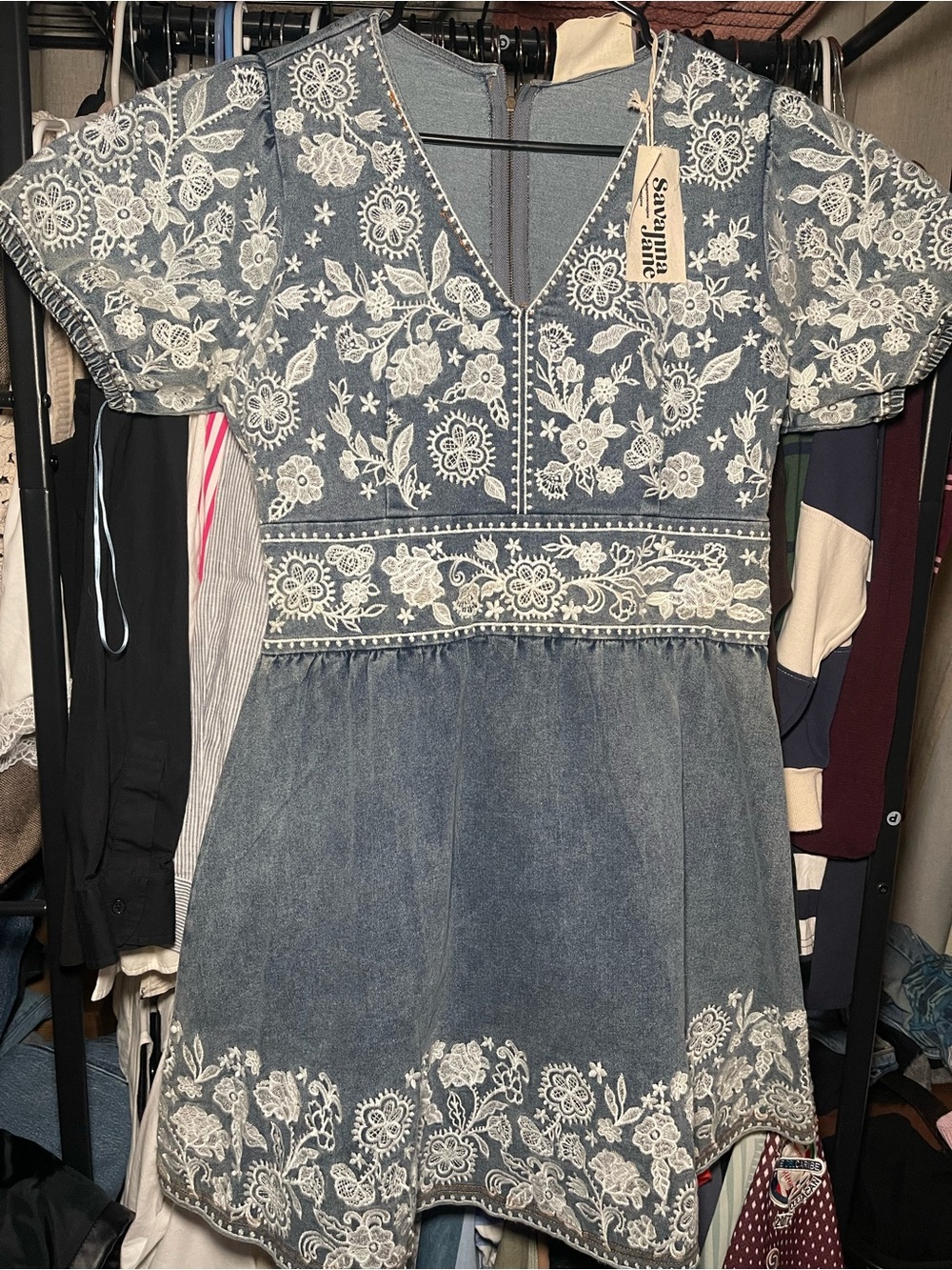 NWT Savanna Jane Embroidered Denim Dress Western romantic Cowgirl Size S